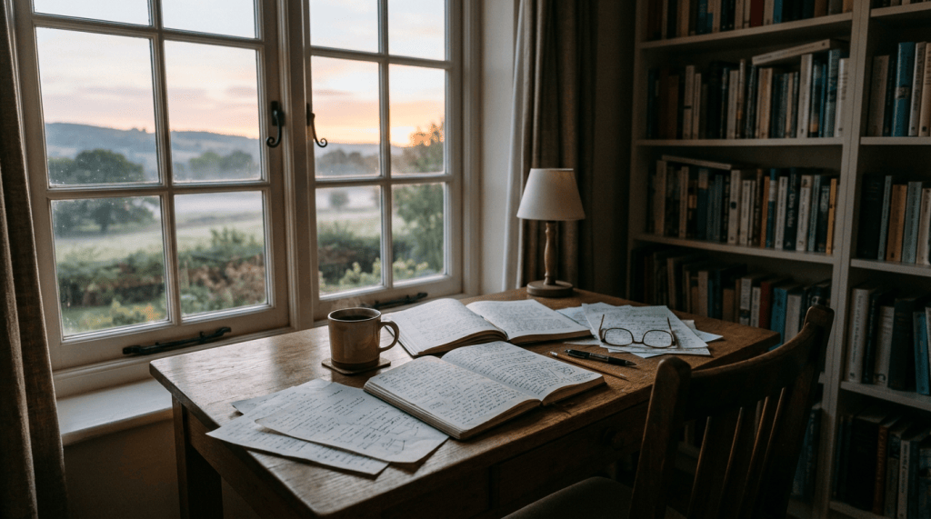 Desk with open books, handwritten notes, coffee, and glasses beside a countryside window